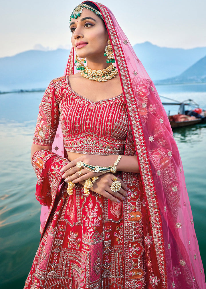 Pink & Red Banarasi Silk Bridal Lehenga Choli with Heavy Embroidery Work