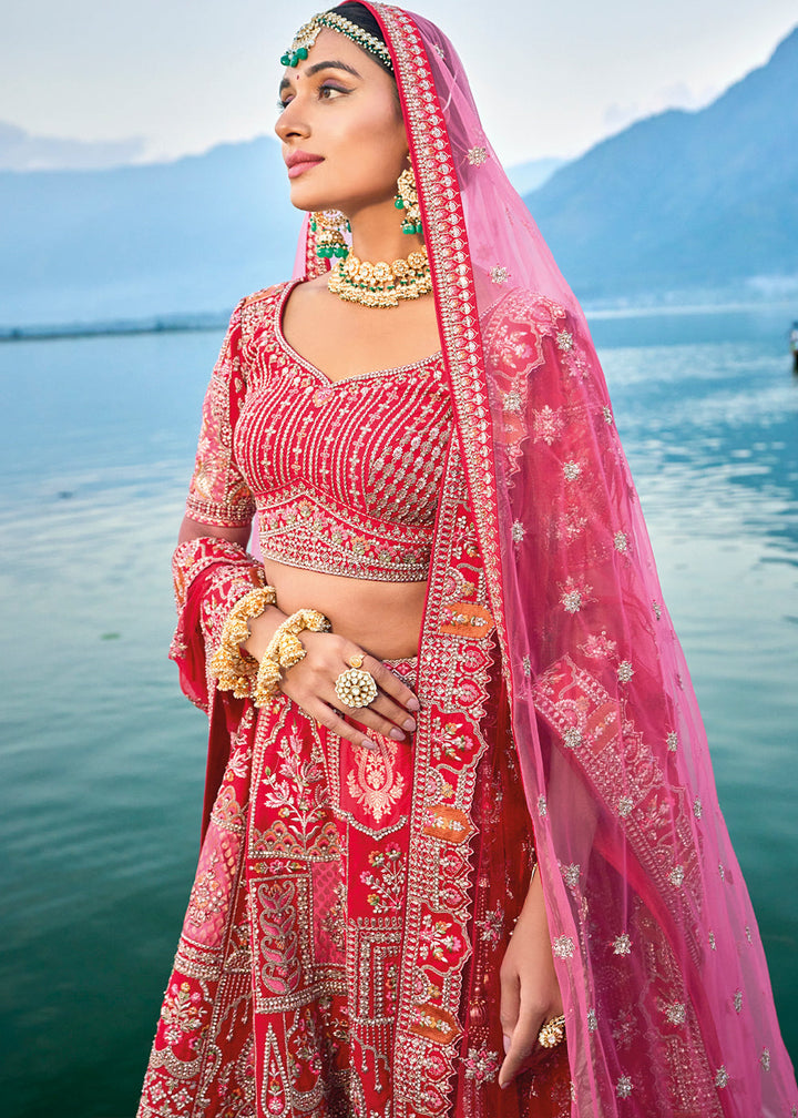 Pink & Red Banarasi Silk Bridal Lehenga Choli with Heavy Embroidery Work