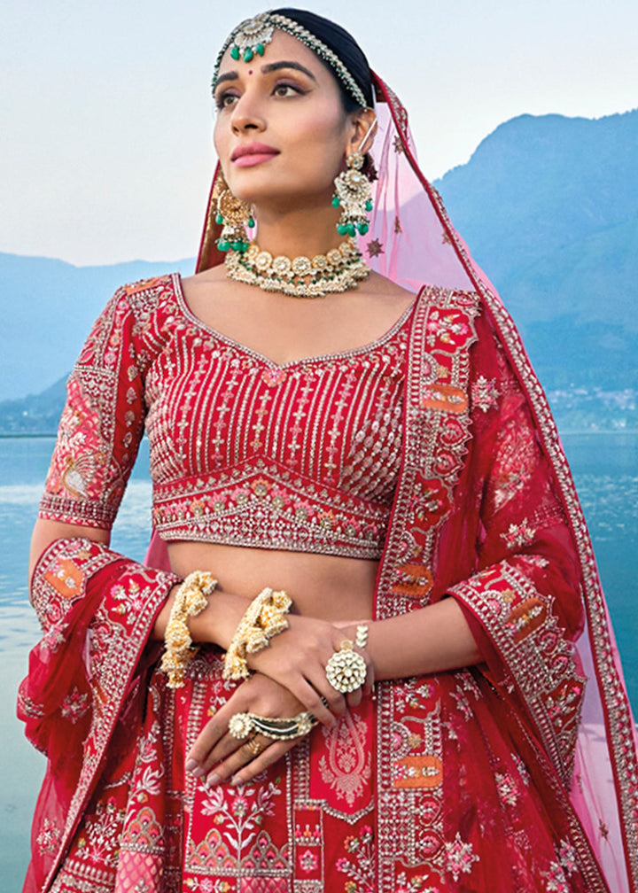 Pink & Red Banarasi Silk Bridal Lehenga Choli with Heavy Embroidery Work