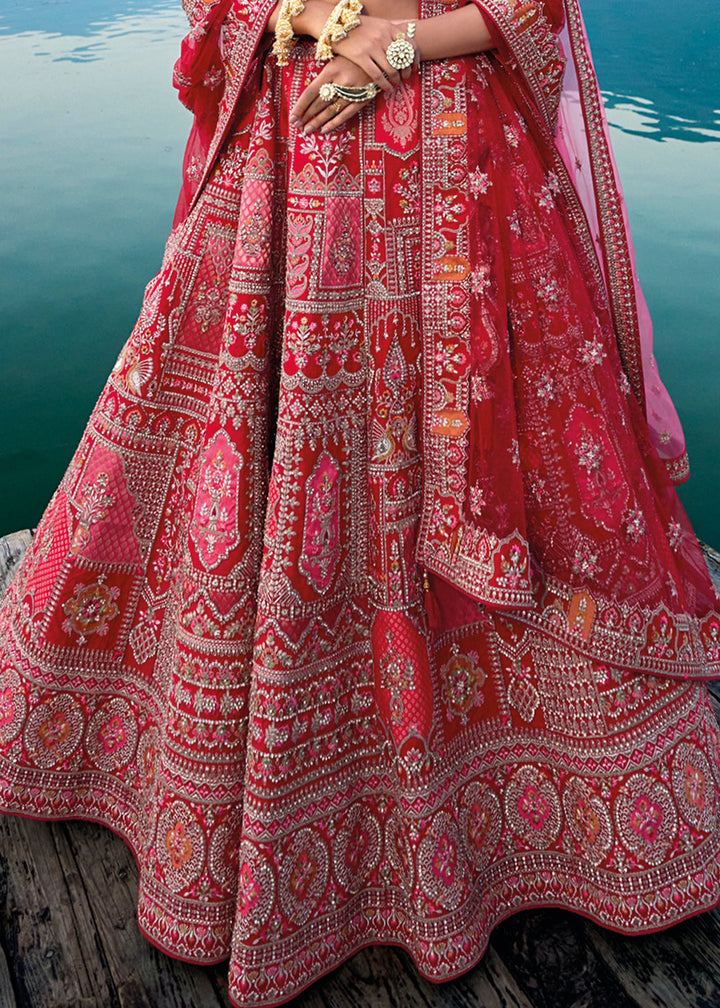 Pink & Red Banarasi Silk Bridal Lehenga Choli with Heavy Embroidery Work