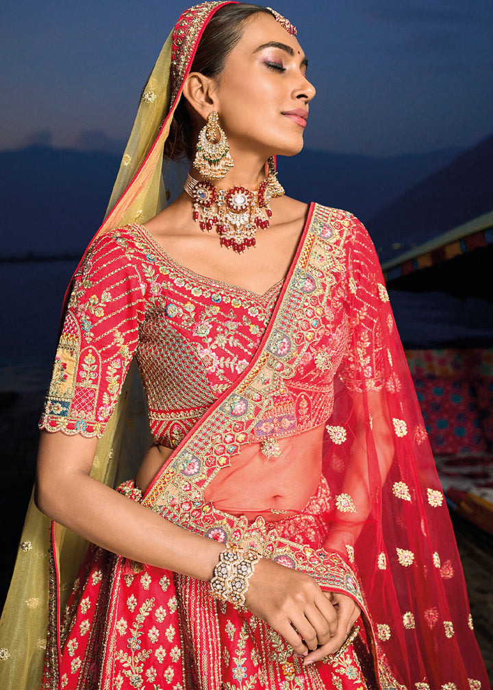 Shades Of Red Banarasi Silk Bridal Lehenga Choli with Heavy Embroidery Work