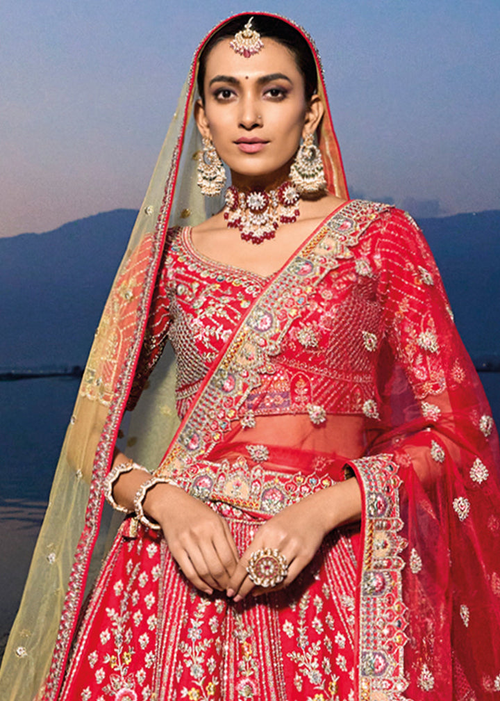 Shades Of Red Banarasi Silk Bridal Lehenga Choli with Heavy Embroidery Work