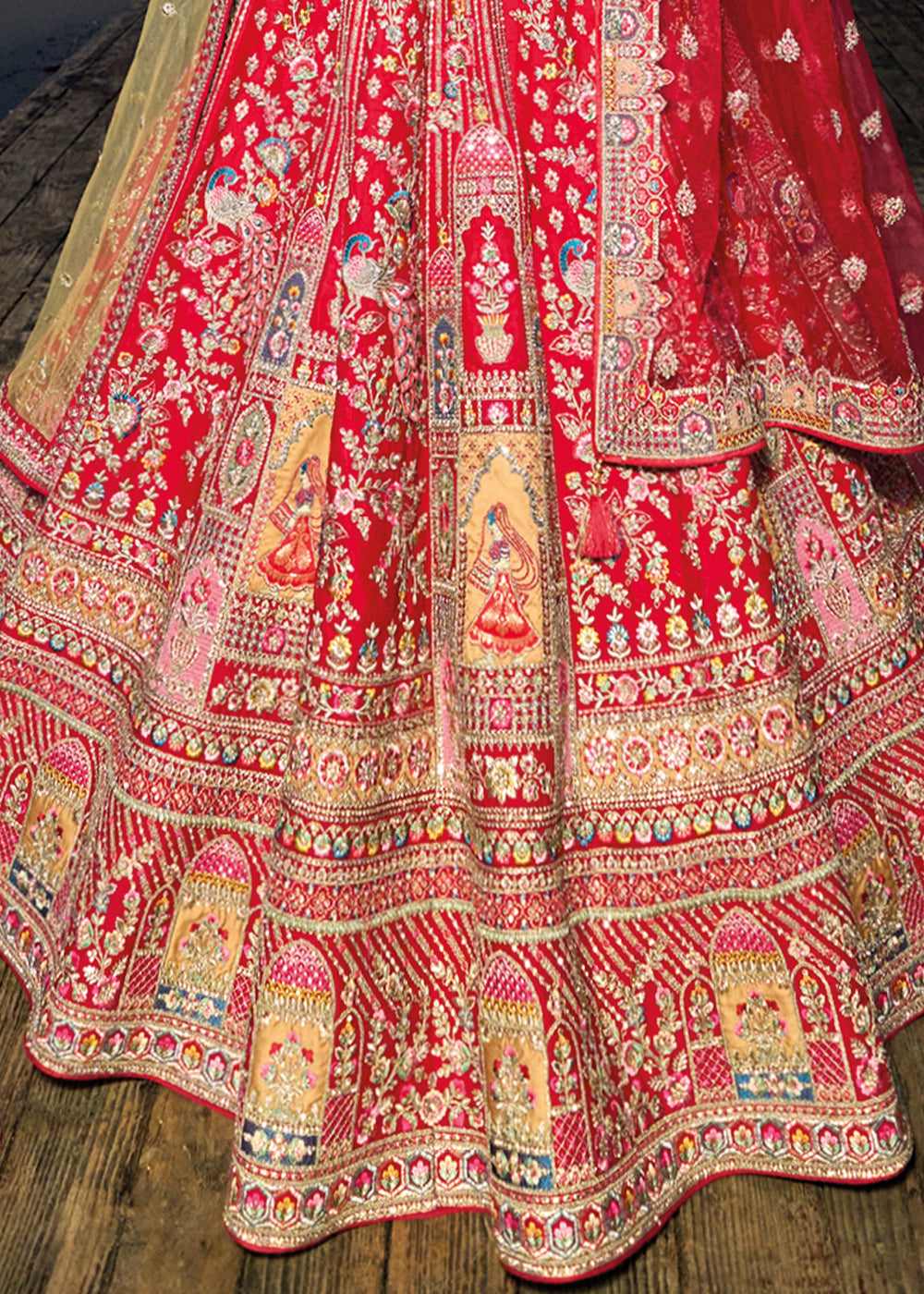 Shades Of Red Banarasi Silk Bridal Lehenga Choli with Heavy Embroidery Work