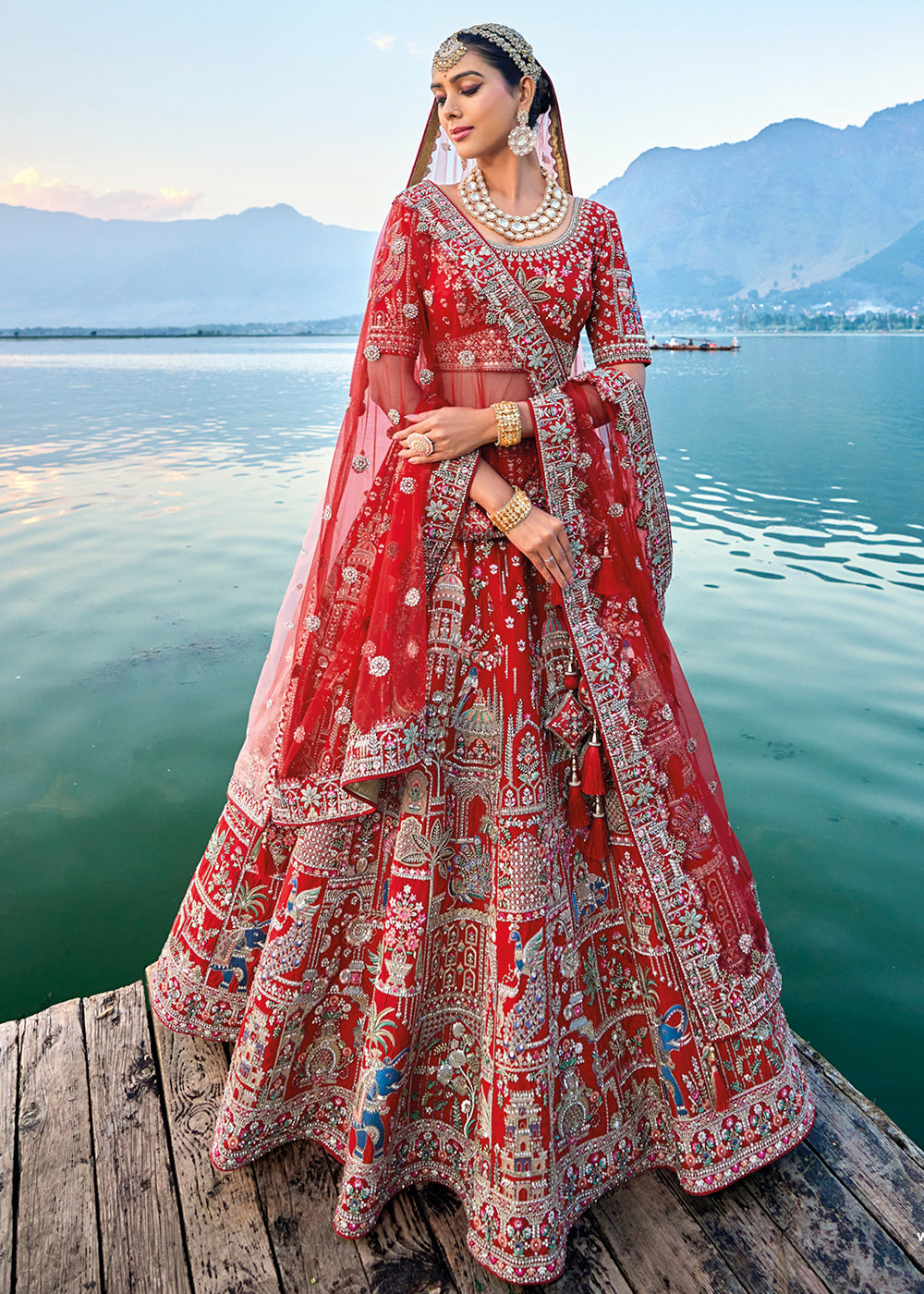 Carmine Red Banarasi Silk Bridal Lehenga Choli with Heavy Embroidery Work