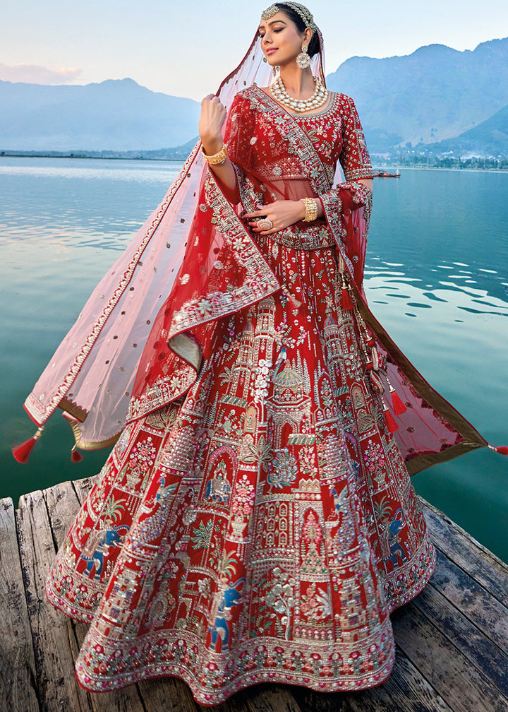 Carmine Red Banarasi Silk Bridal Lehenga Choli with Heavy Embroidery Work