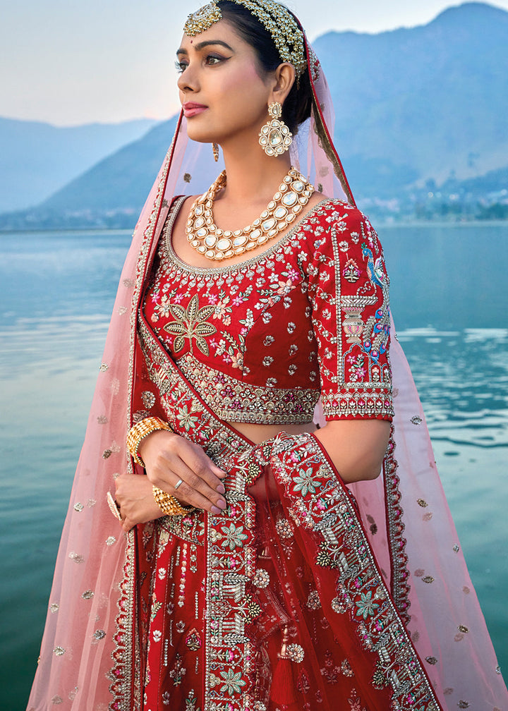 Carmine Red Banarasi Silk Bridal Lehenga Choli with Heavy Embroidery Work