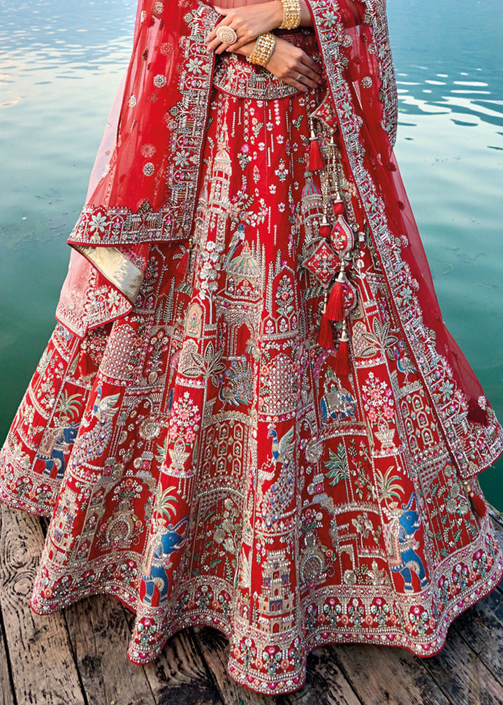 Carmine Red Banarasi Silk Bridal Lehenga Choli with Heavy Embroidery Work