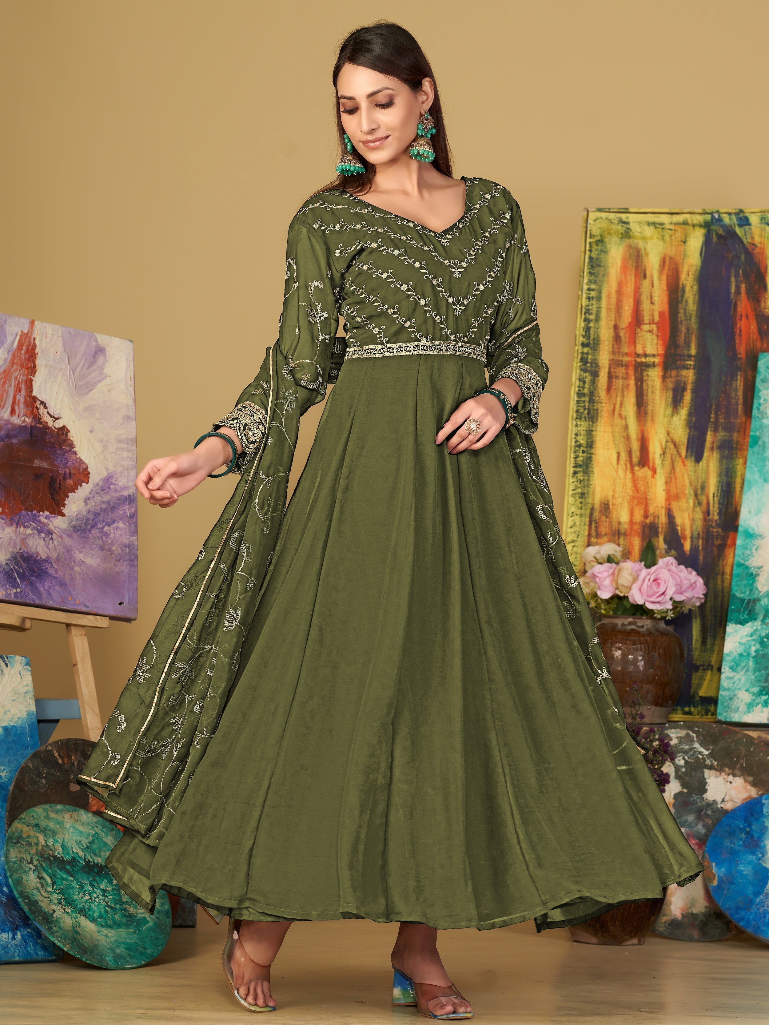 Virtuous Olive Green Sequins Georgette Festive Wear Anarkali Suit - qivii