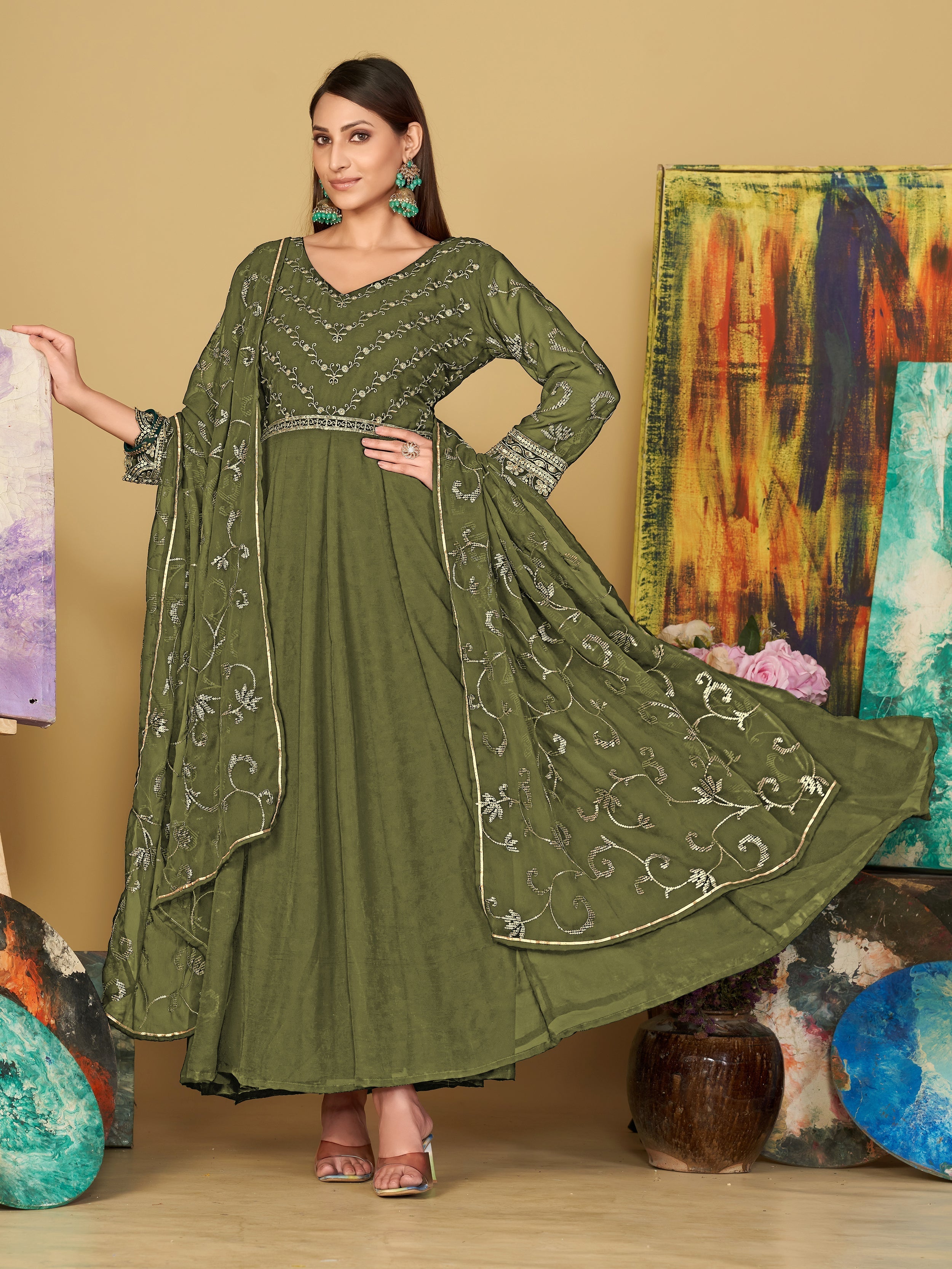 Virtuous Olive Green Sequins Georgette Festive Wear Anarkali Suit - qivii