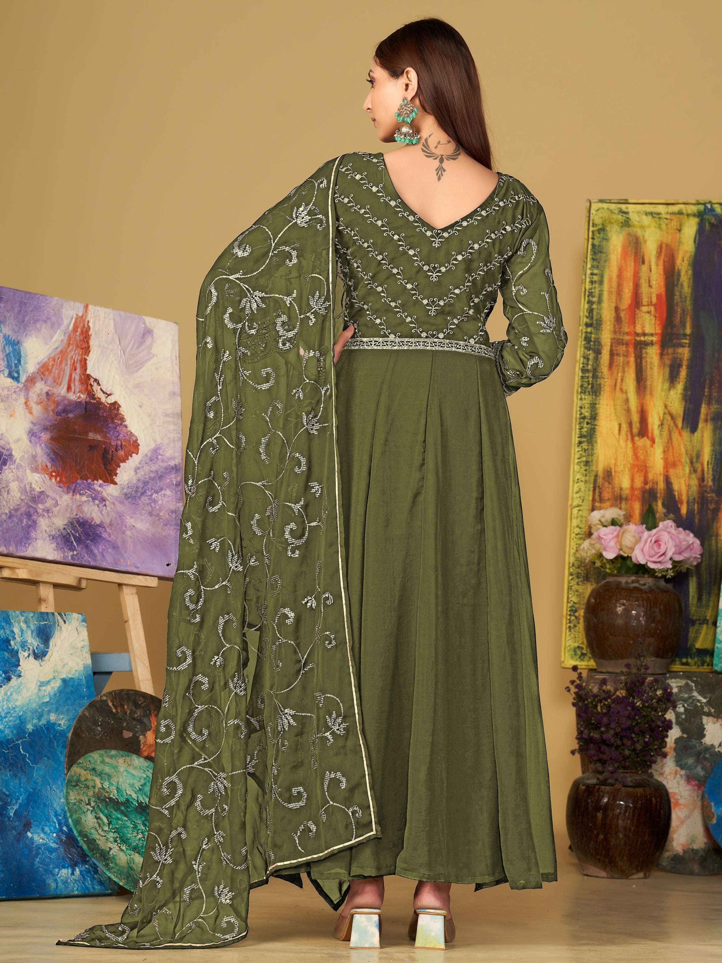 Virtuous Olive Green Sequins Georgette Festive Wear Anarkali Suit - qivii