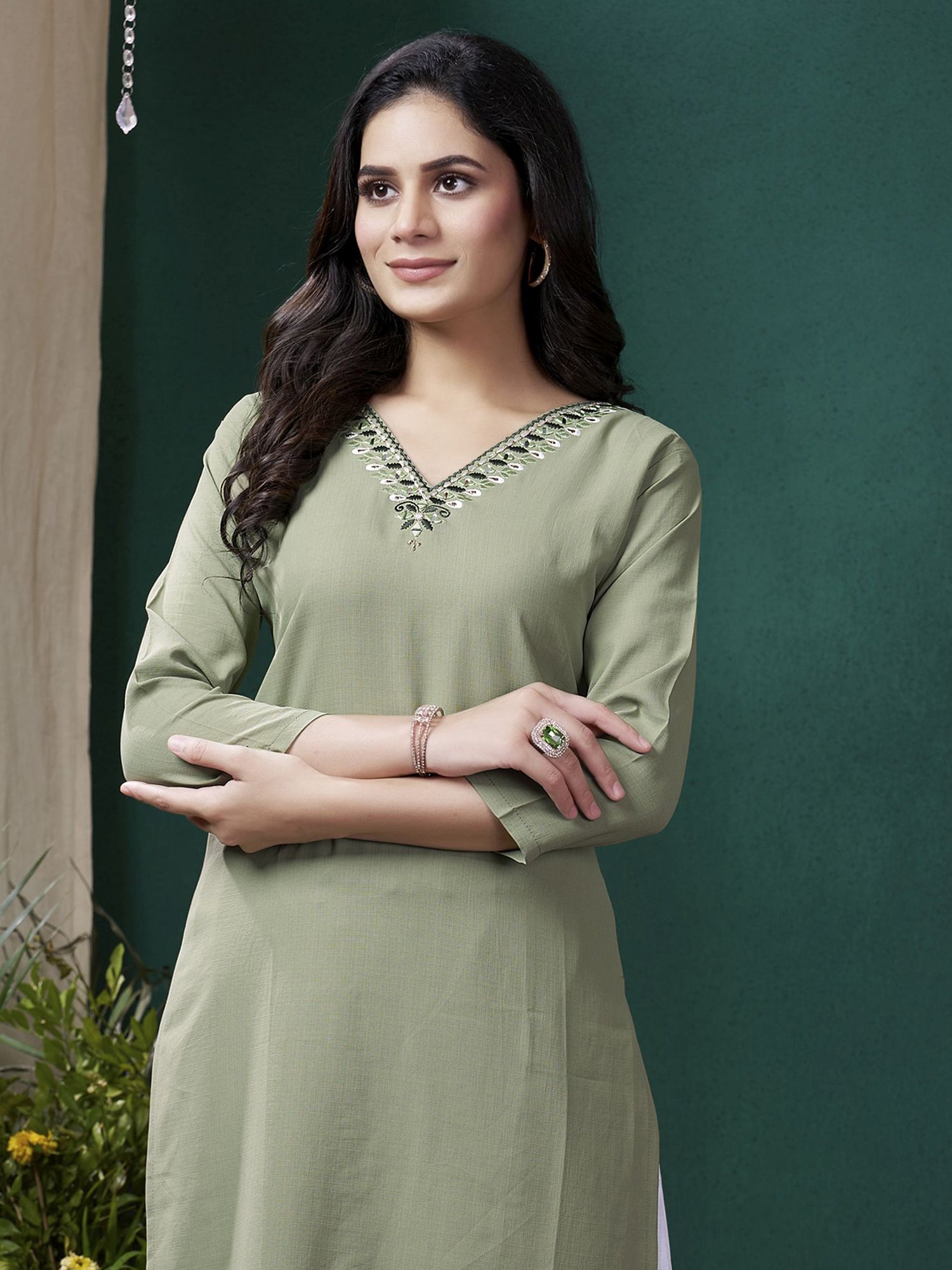 Stunning Olive Green Embroidered Cotton Casual Wear Kurti With Pant for Women