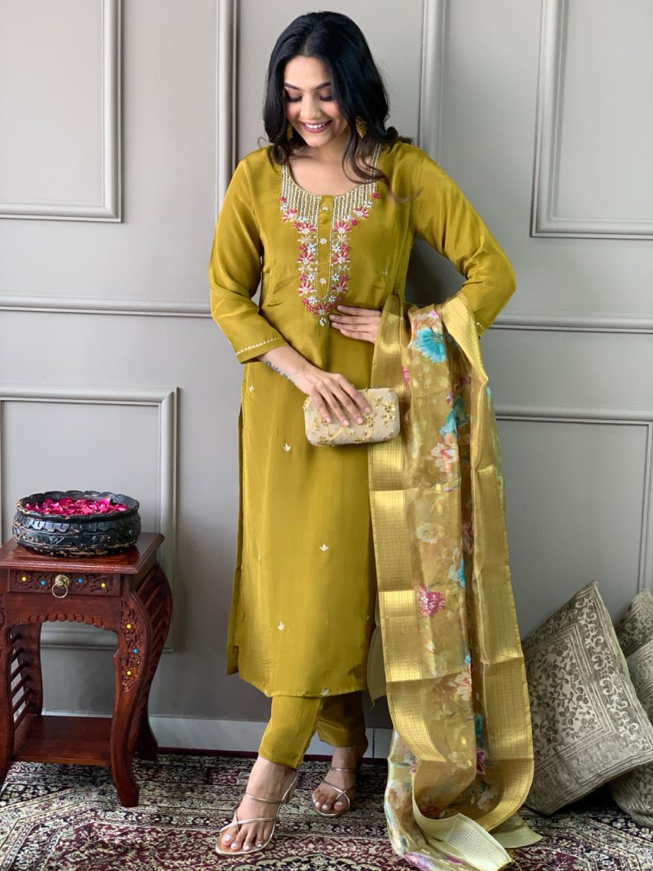 Fully stitched suit with matching chanderi silk pants