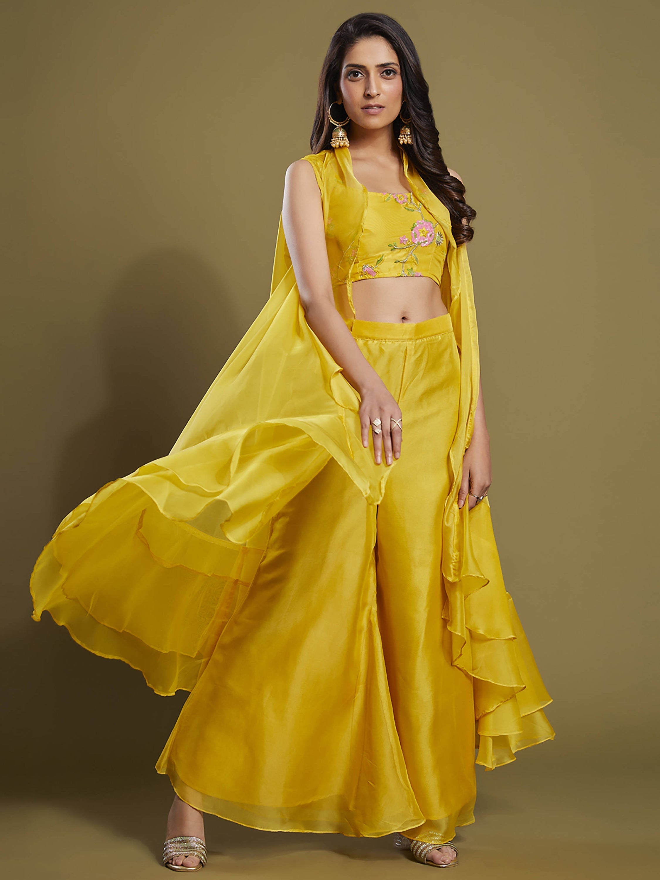 Beautiful Yellow Sequins Organza Palazzo Jacket with Blouse - Elegant and stylish women's fashion ensemble for special occasions