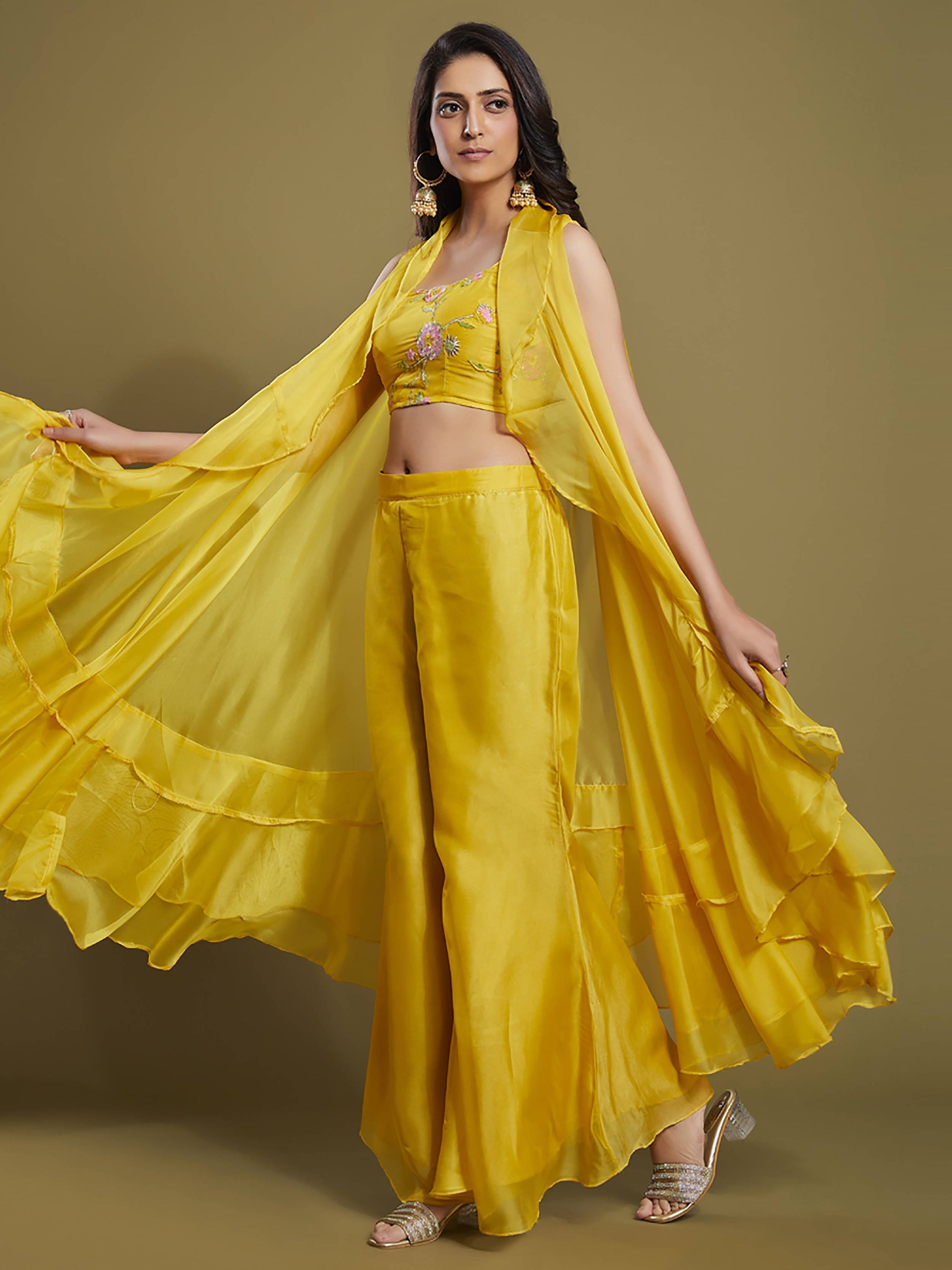 Beautiful Yellow Sequins Organza Palazzo Jacket with Blouse for Women