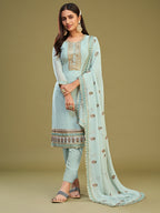 Fetching sky-blue multi-thread work georgette festive wear salwar kameez with intricate multi-thread embroidered work and Swarovski details