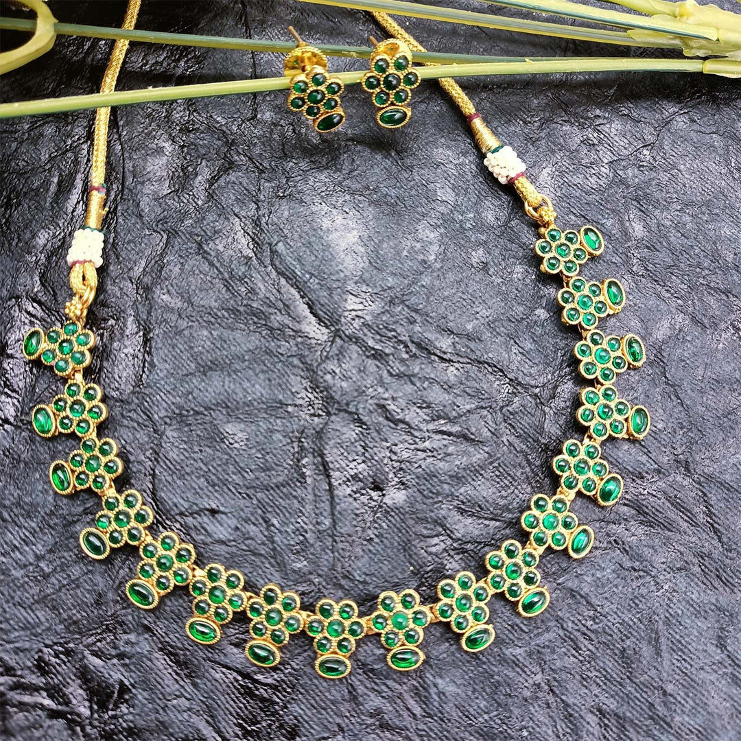 Beautiful antique gold necklace with green stones and matching earrings