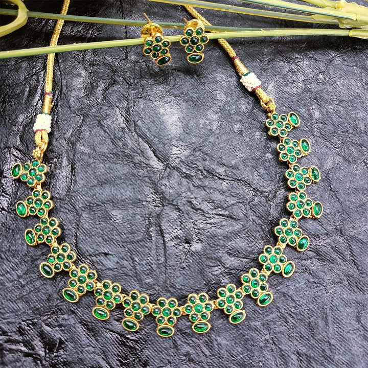 Sai Antique Gold Plated With Green Stones Necklace Set