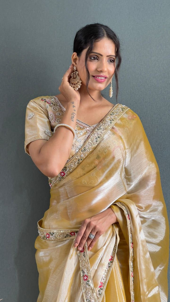 Beige Premium Berry Silk Embellished With Beautiful Handwork Border Lace Work