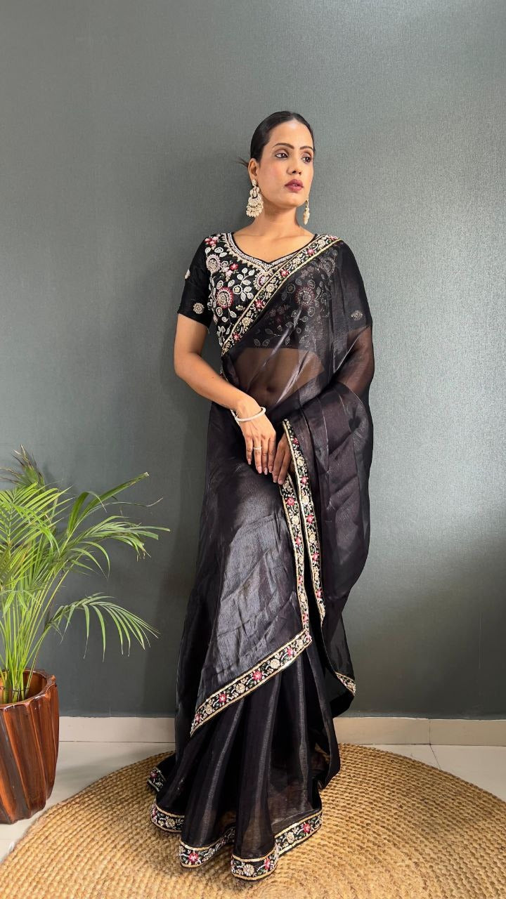 Black Premium Berry Silk Embellished With Beautiful Handwork Border Lace Work