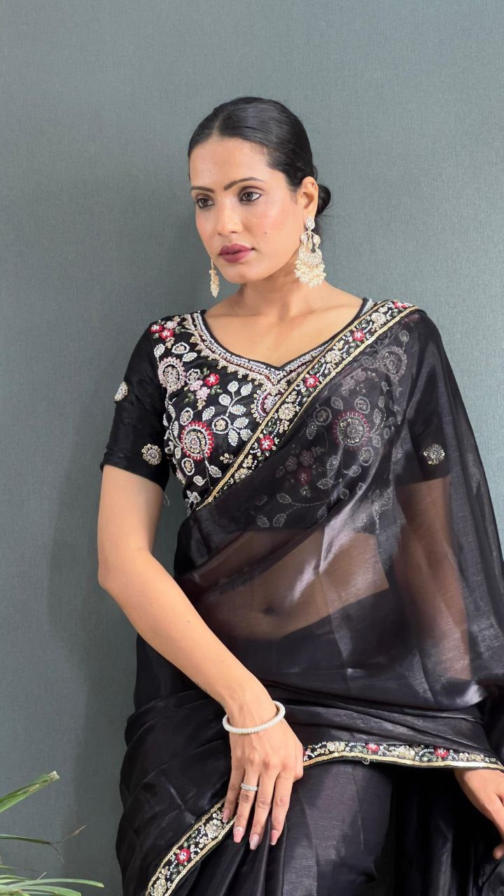 Black Premium Berry Silk Embellished With Beautiful Handwork Border Lace Work