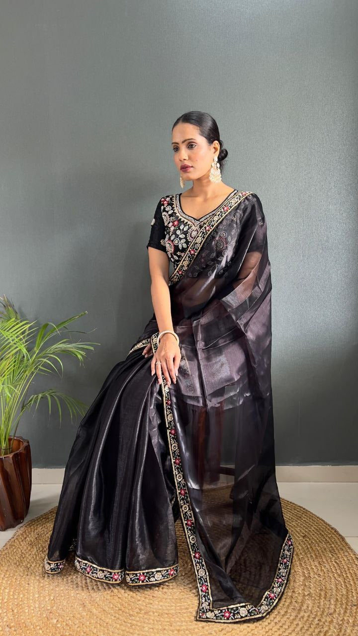 Black Premium Berry Silk Embellished With Beautiful Handwork Border Lace Work