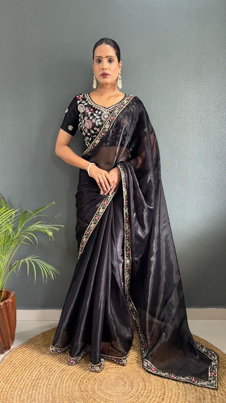 Black Premium Berry Silk Embellished With Beautiful Handwork Border Lace Work