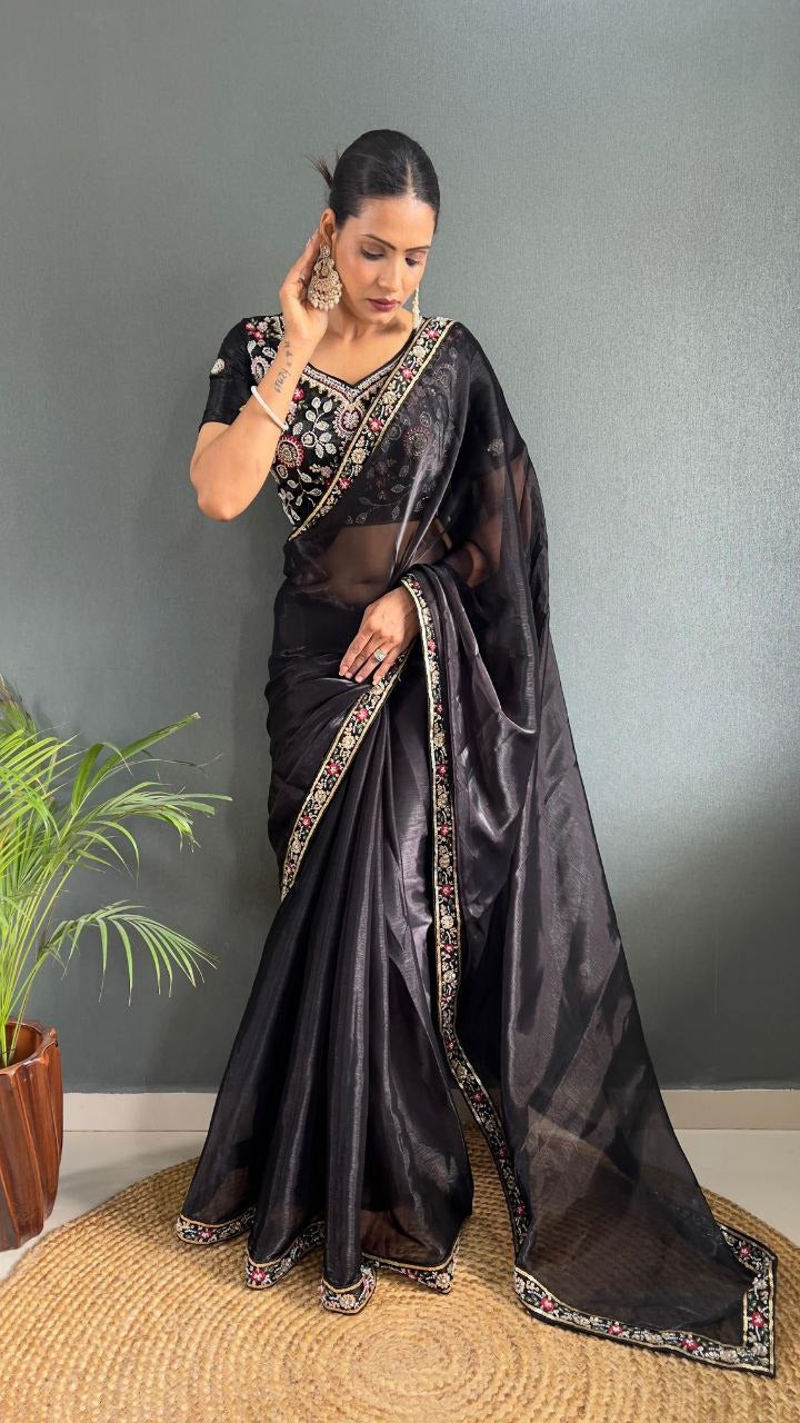 Black Premium Berry Silk Embellished With Beautiful Handwork Border Lace Work