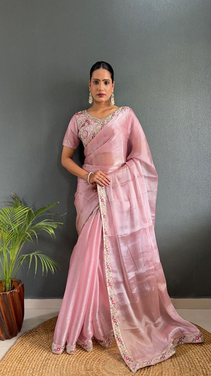 Lanvender Premium Berry Silk Embellished With Beautiful Handwork Border Lace Work