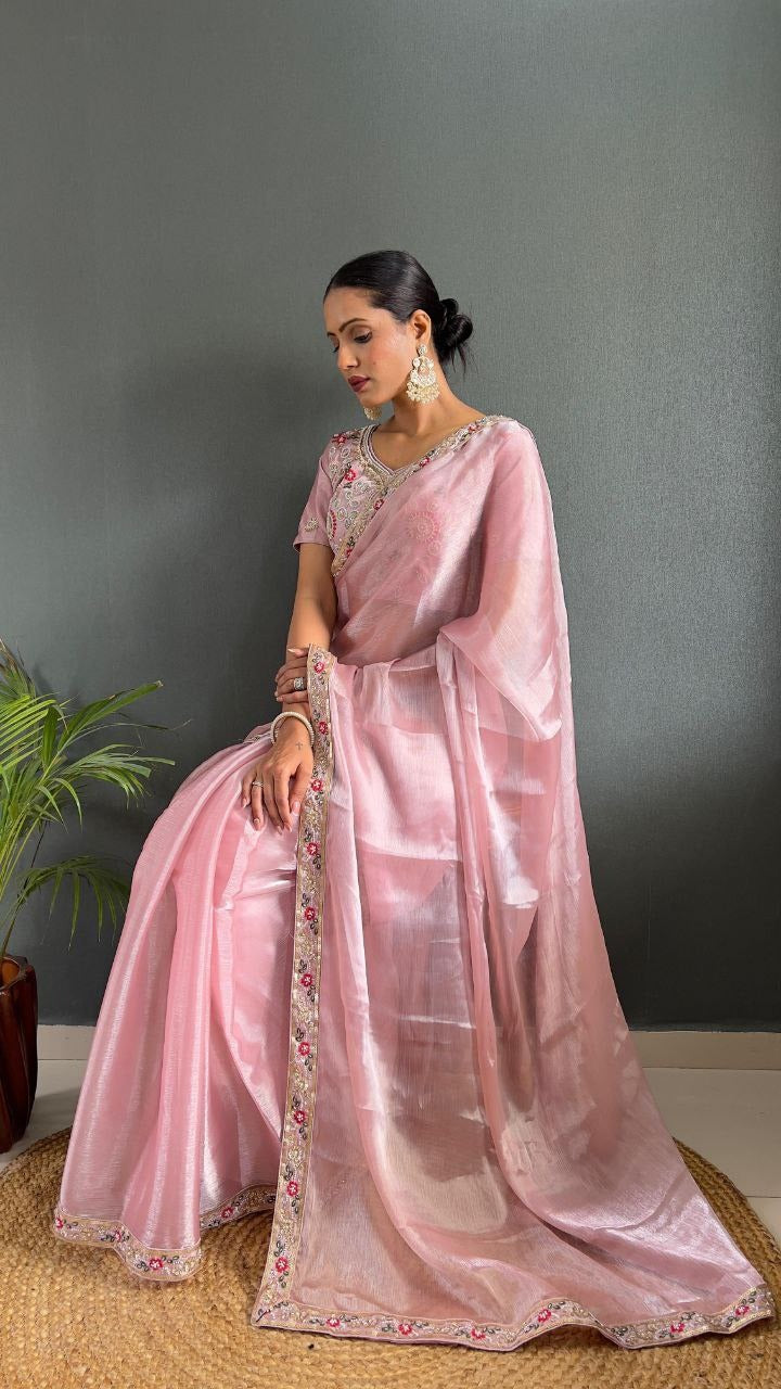 Lanvender Premium Berry Silk Embellished With Beautiful Handwork Border Lace Work