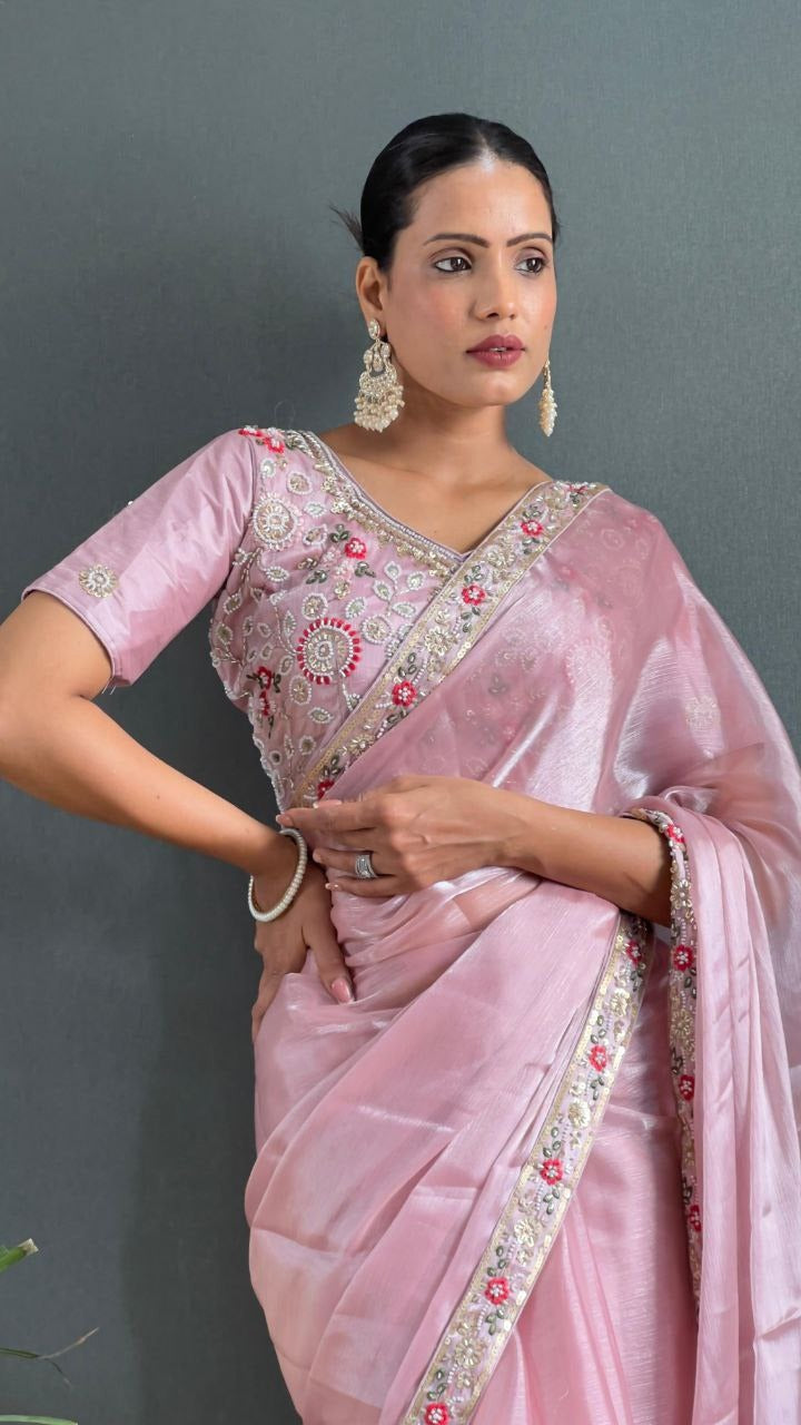 Lanvender Premium Berry Silk Embellished With Beautiful Handwork Border Lace Work