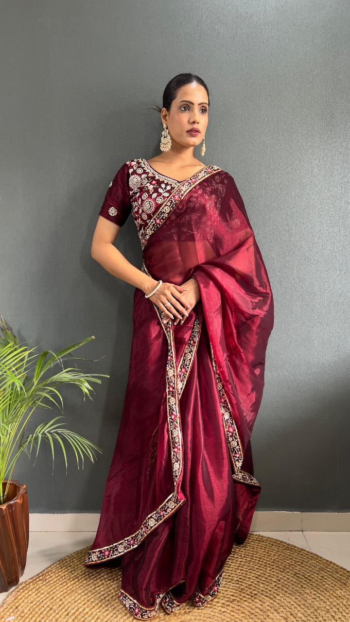 Maroon Premium Berry Silk Embellished With Beautiful Handwork Border Lace Work