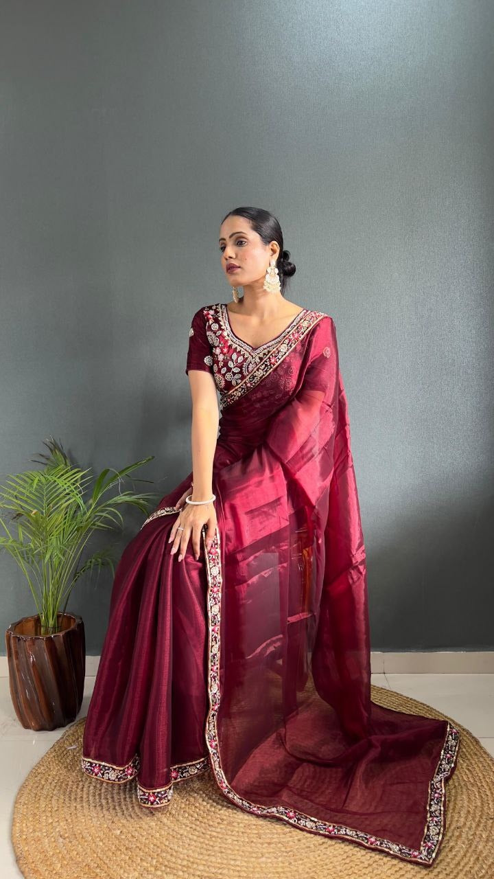 Maroon Premium Berry Silk Embellished With Beautiful Handwork Border Lace Work