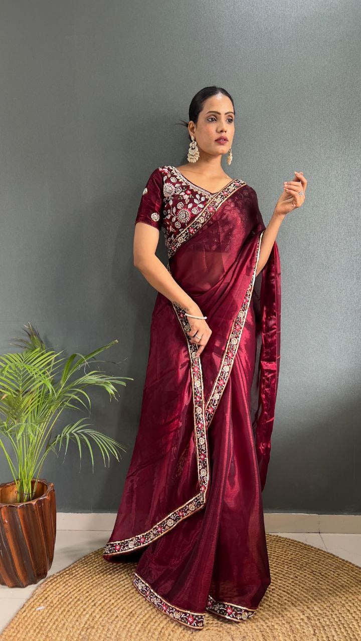 Maroon Premium Berry Silk Embellished With Beautiful Handwork Border Lace Work