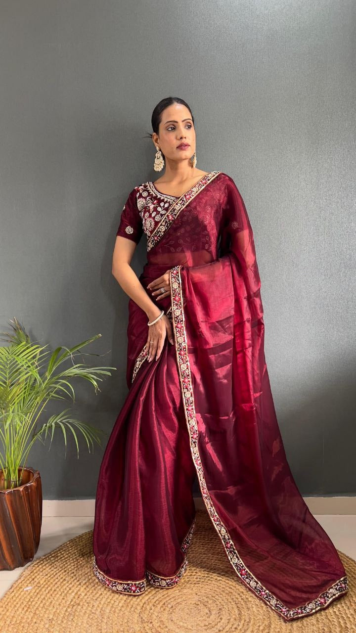 Maroon Premium Burberry Silk Embellished With Beautiful Handwork Border Lace Work