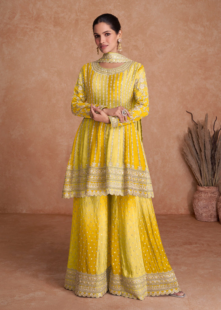 Traditional Yellow Embroidered Wedding & Reception Wear Gharara Suit