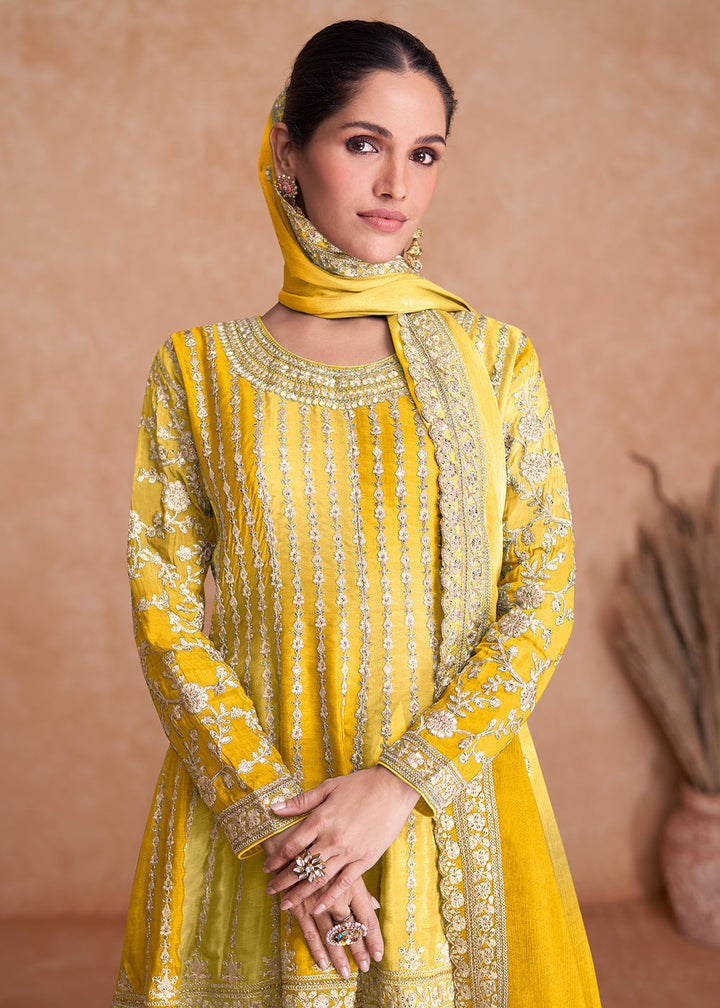 Traditional Yellow Embroidered Wedding & Reception Wear Gharara Suit