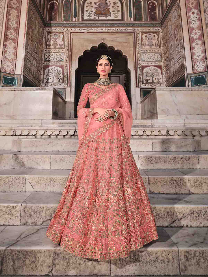 Women Pretty Peach Soft Net Semi Stitched Lehenga With Unstitched Blouse