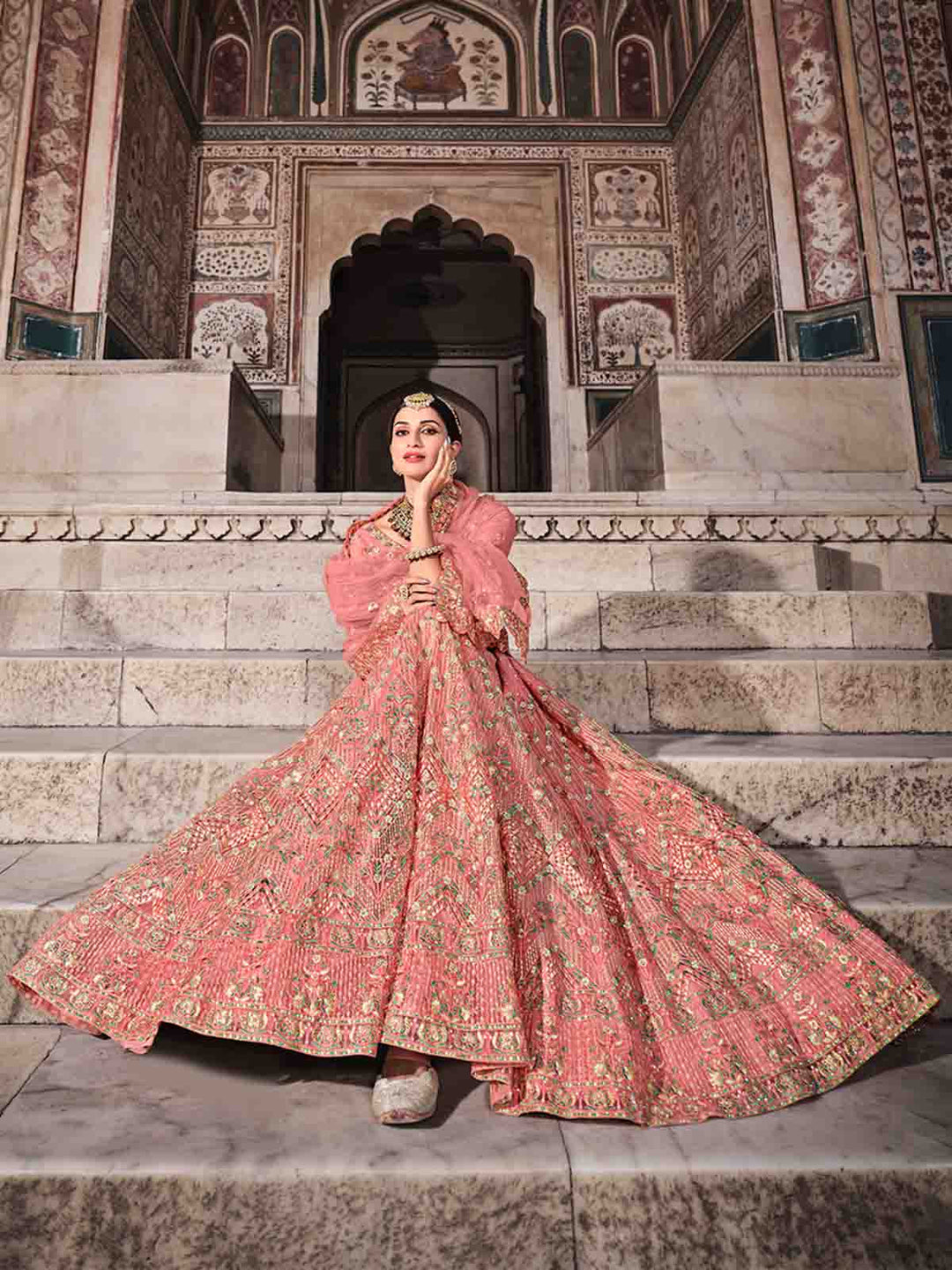 Women Pretty Peach Soft Net Semi Stitched Lehenga With Unstitched Blouse