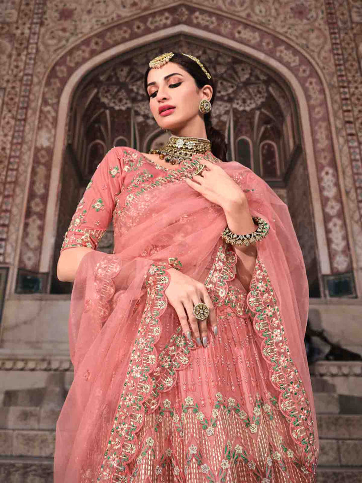 Women Pretty Peach Soft Net Semi Stitched Lehenga With Unstitched Blouse