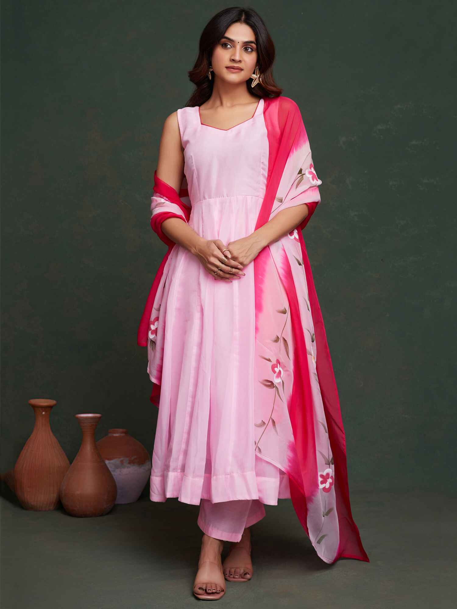 Fabulous pink organza Anarkali suit with golden embroidery and matching dupatta