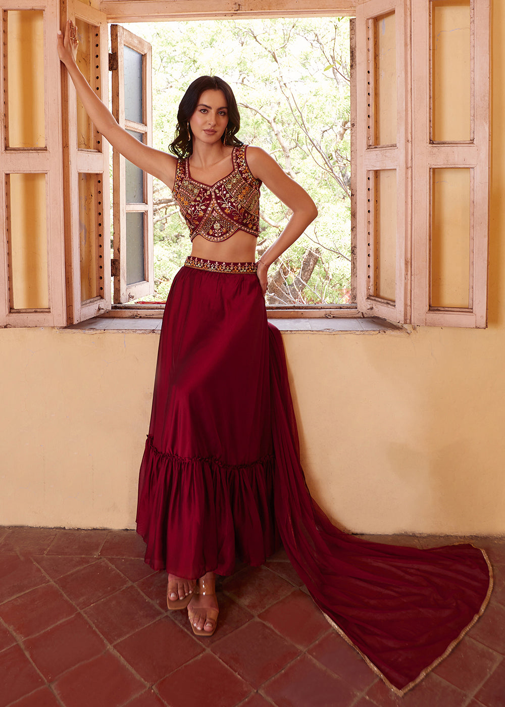 Beautiful crop top style lehenga choli in maroon with elegant design