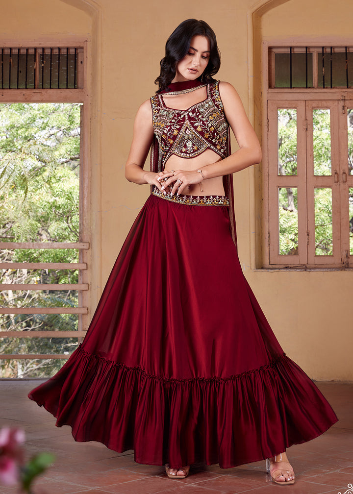 Gorgeous maroon designer lehenga choli with stylish crop top