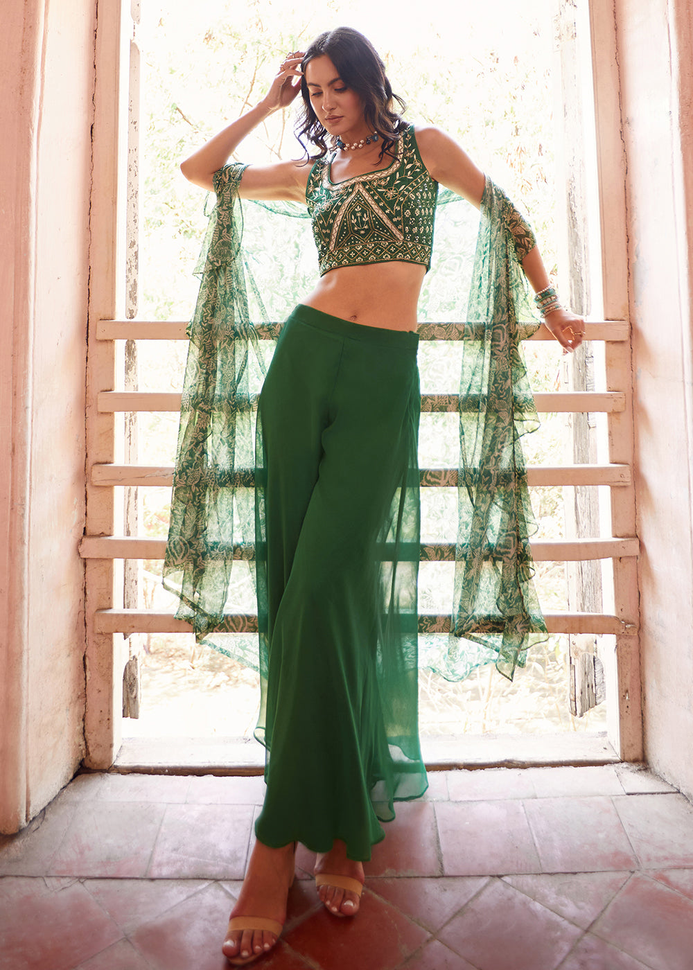 Stunning Green Designer Crop Top Style Sharara Suit