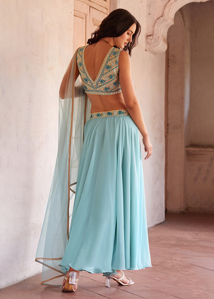 Sky Blue Designer Crop Top Style Lehenga Choli