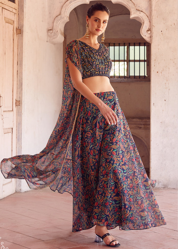 Stunning Navy Blue Designer Crop Top Style Sharara Suit