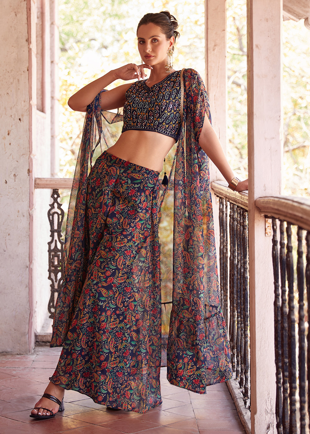 Stunning Navy Blue Designer Crop Top Style Sharara Suit