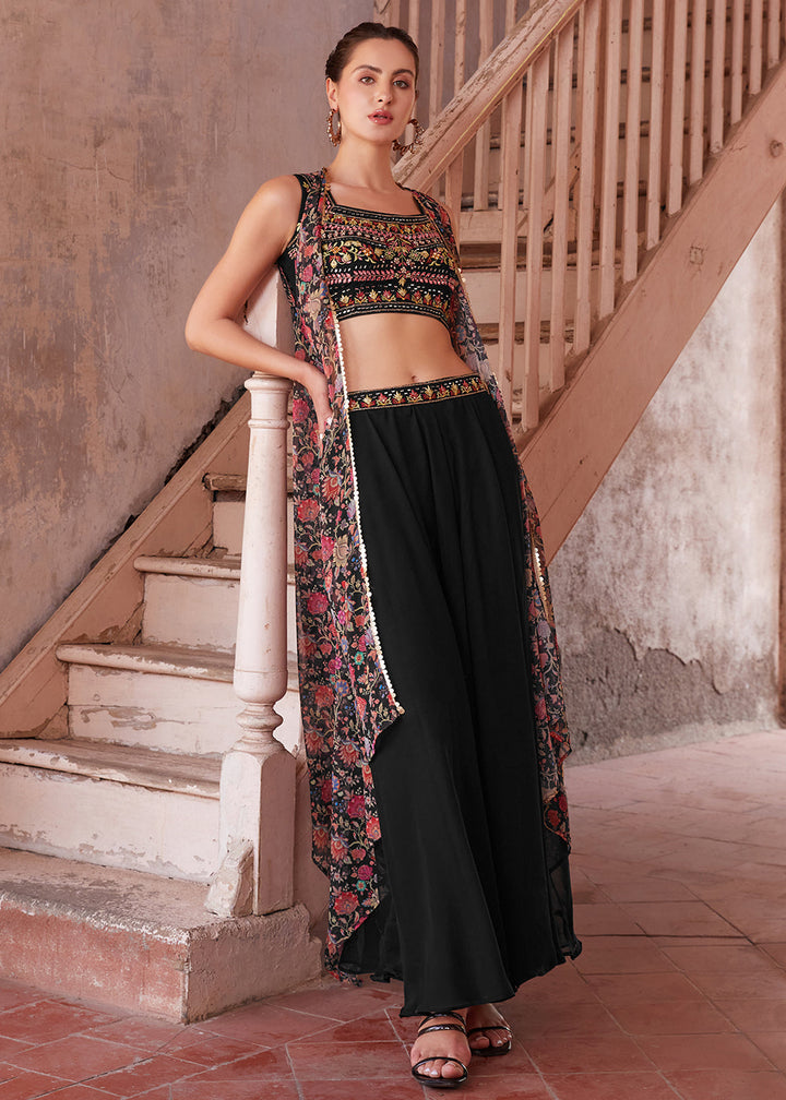 Stunning black designer crop top style Sharara suit with intricate embroidery and elegant detailing, perfect for any special occasion