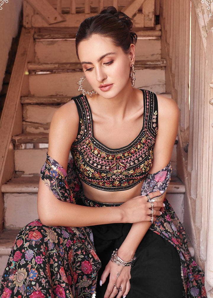 Stunning black designer crop top with intricate gold embroidery and matching sharara pants