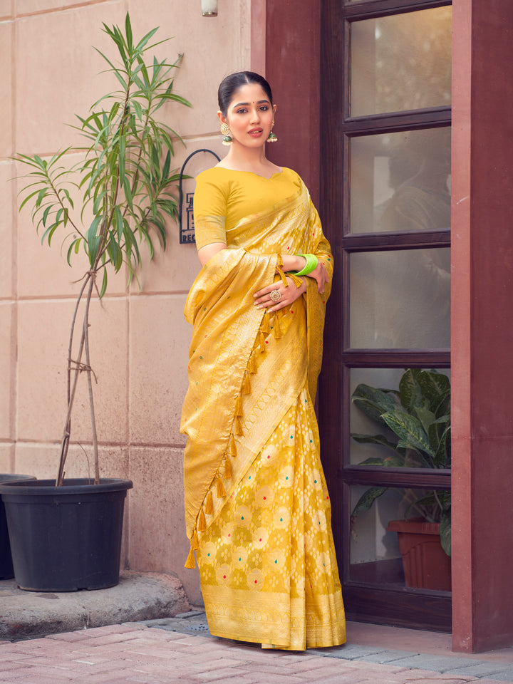 YELOW COLOR LINEN LUCKNOWI WEAVING SILK SAREE