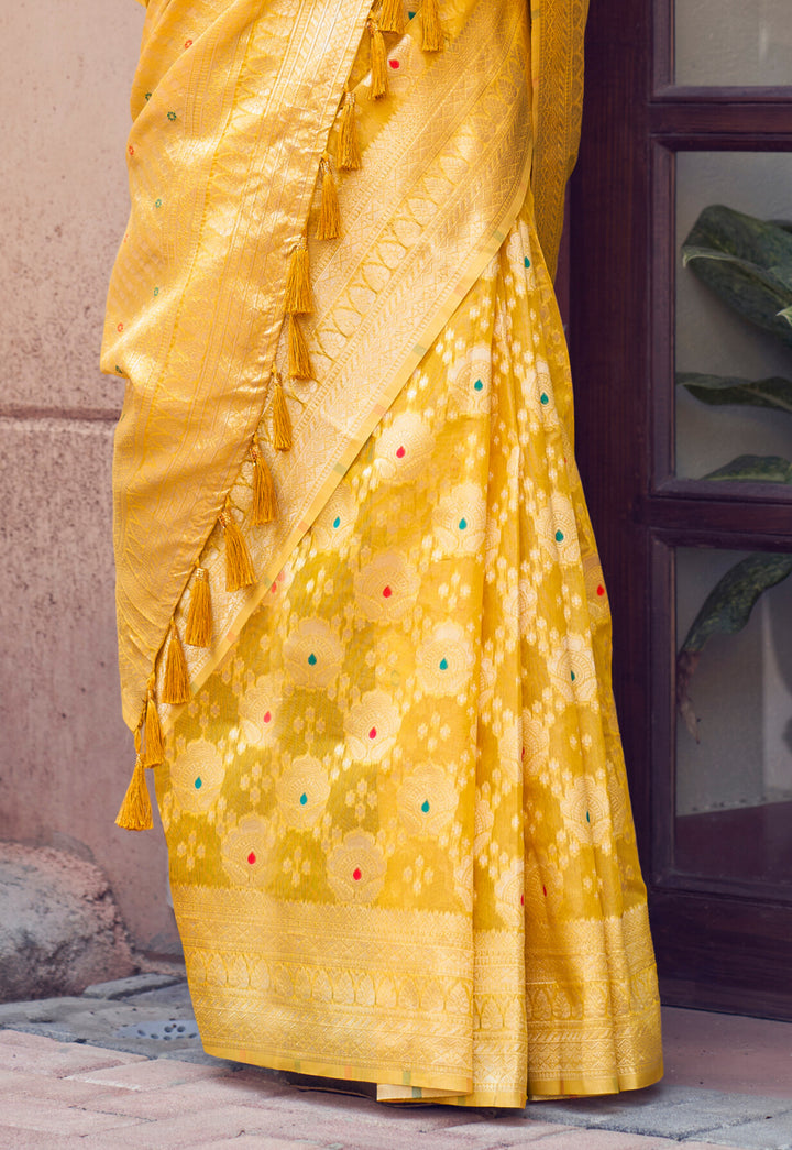 YELOW COLOR LINEN LUCKNOWI WEAVING SILK SAREE